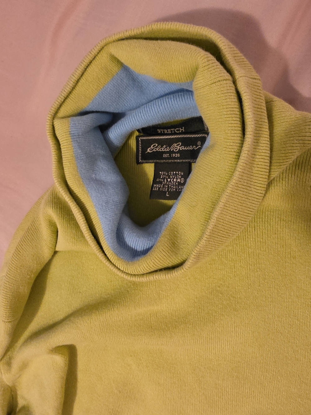 Eddie Bauer Lime-Green Turtleneck with Light Blue Inner Collar